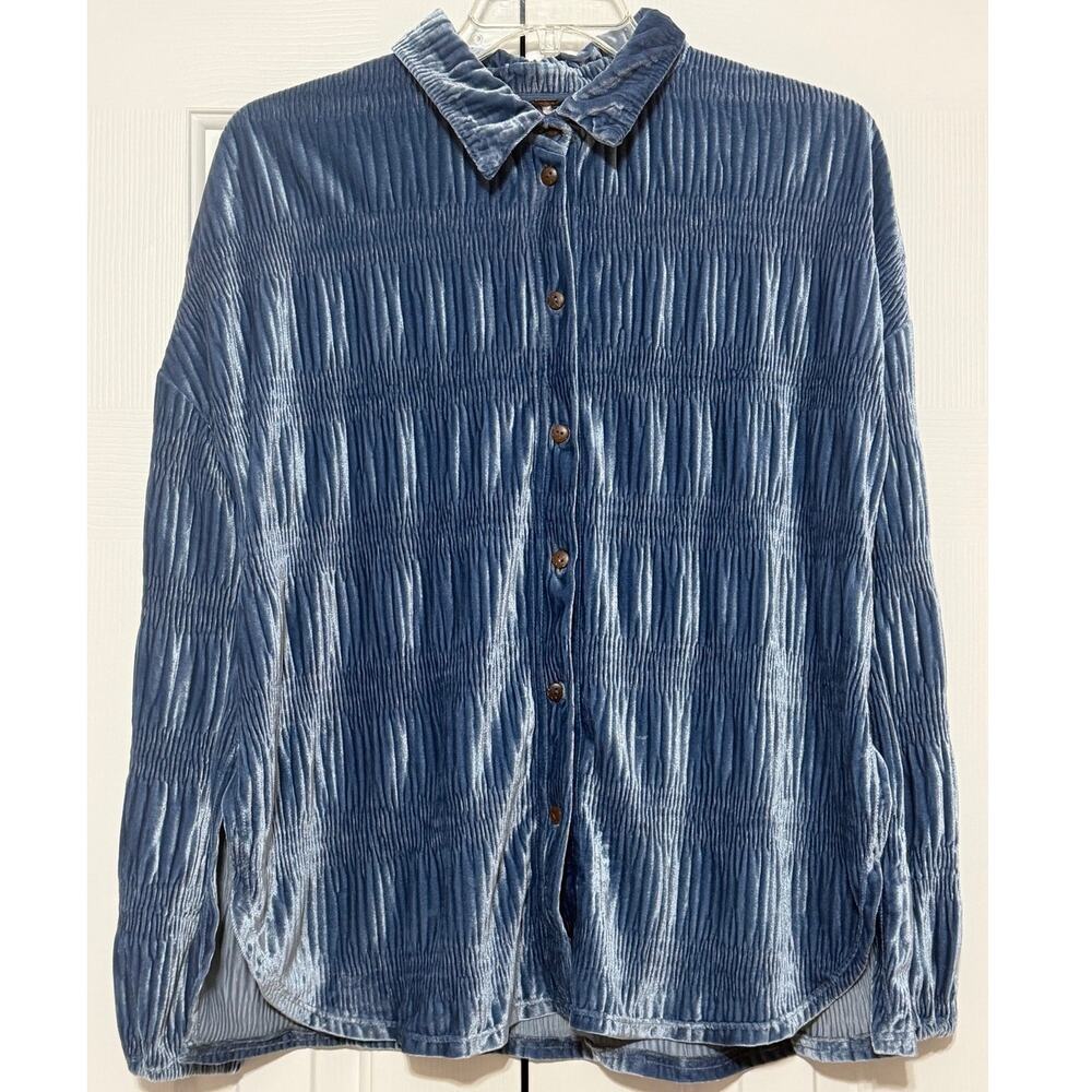 Free People My Best Velvet Oversized Button Up Top, Blue, XS - Picture 2 of 9